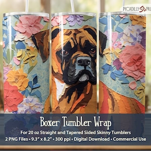 Pode incluir: Um download digital de um envoltório para copo de 20 onças com um cão boxer e um fundo floral. O design é feito de recortes de papel em tons de rosa, laranja, amarelo e azul. O envoltório para copo mede 23,6 cm por 20,8 cm e 300 pixels por polegada.