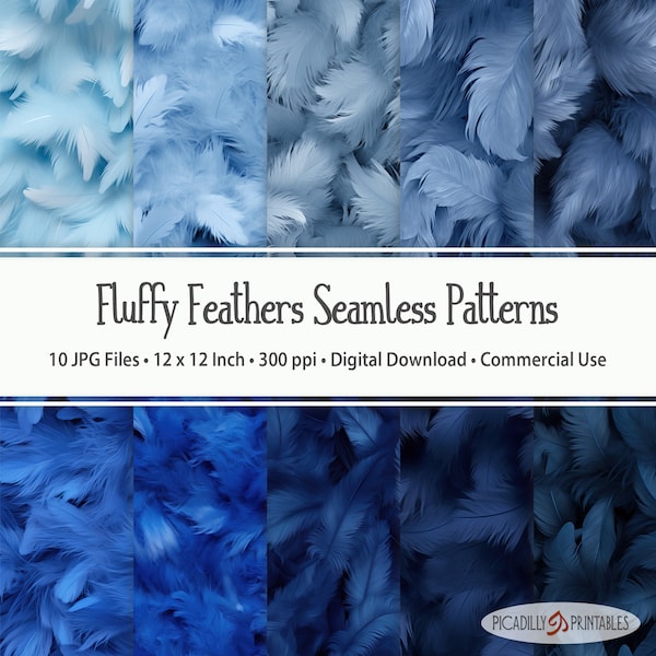 Blue Fluffy Feathers Seamless Patterns - 10 JPG Images - 300 PPI - 12x12" - Commercial Use