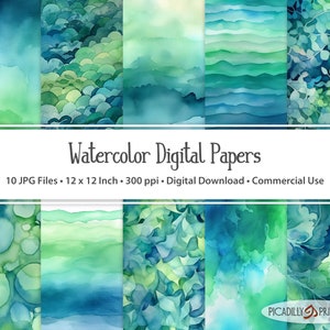 Blau & Grün Digitale Papiere - Aquarell Hintergrundbilder für Scrapbooking, Kartenherstellung - 10 JPG Dateien - 300 PPI - 12x12 "- Kommerzielle Nutzung