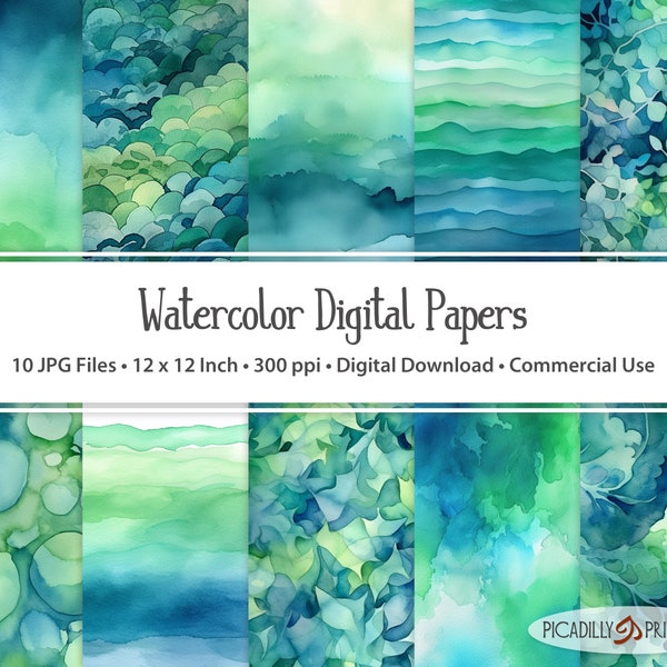 Blue & Green Digital Papers - Watercolor Background Images for Scrapbooking, Card Making - 10 JPG Files - 300 PPI - 12x12" - Commercial Use