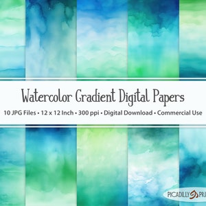 Papeles digitales de acuarela con degradado azul y verde - Fondos para scrapbooking y tarjetas - 10 archivos JPG - 300 ppp - 30x30 cm - Uso comercial
