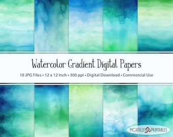Blue Green Gradient Watercolor Digital Papers - Backgrounds for Scrapbooking, Card Making - 10 JPG Files - 300 PPI - 12x12" - Commercial Use