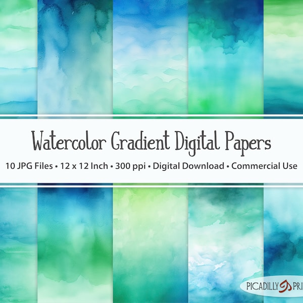 Blue Green Gradient Watercolor Digital Papers - Backgrounds for Scrapbooking, Card Making - 10 JPG Files - 300 PPI - 12x12" - Commercial Use