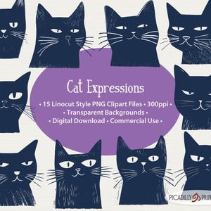 Expressions de chat Clip Art - Style linogravure - 15 fichiers PNG avec un arrière-plan transparent - 300 PPI - Clipart de visages de chat mignon - usage Commercial