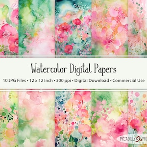 Pink & Green Digital Papers II - Immagini di sfondo acquerellate per scrapbooking, creazione di biglietti - 10 file JPG 300 PPI - 12x12" - Uso commerciale