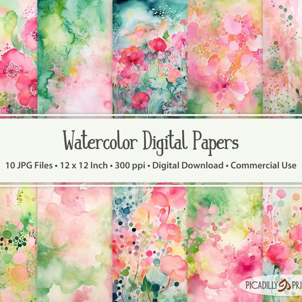 Pink & Green Digital Papers II - Watercolor Background Images for Scrapbooking, Card Making - 10 JPG Files 300 PPI - 12x12" - Commercial Use