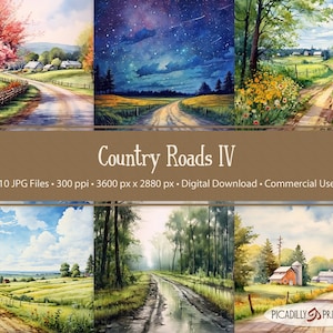 Country Roads 4 - Fundos de estradas de terra em aquarela para scrapbooking, diários, colagens - 10 imagens JPG 300 PPI - 5:4 AR - Uso comercial