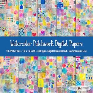 May include: A collection of colorful watercolor patchwork digital papers. The papers feature a variety of abstract designs with hearts, dots, and geometric shapes in shades of pink, blue, yellow, and green. Each paper is 12 x 12 inches.