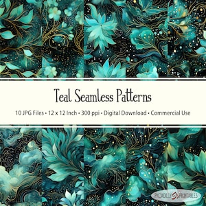 Könnte beinhalten: Zehn nahtlose Muster in Teal und Gold mit floralen und abstrakten Designs. Die Muster sind 30,5 cm x 30,5 cm groß und haben eine Auflösung von 300 Pixel pro Zoll. Sie sind zum digitalen Download und für kommerzielle Zwecke verfügbar.
