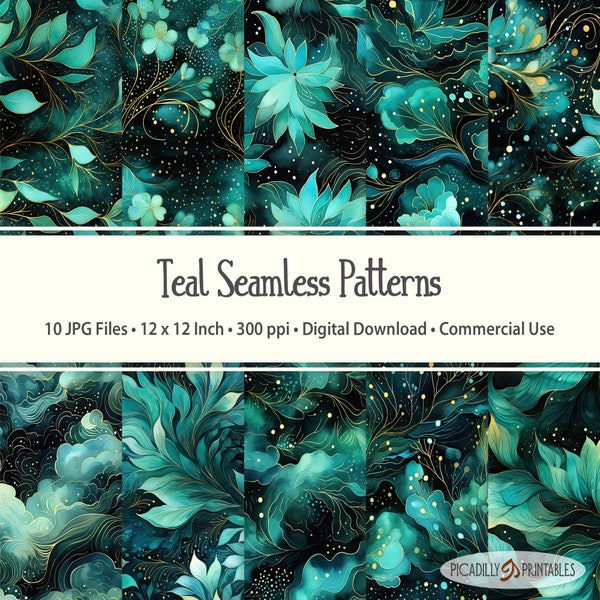 Teal Seamless Patterns - Teal Blue Green Flora and Fauna Watercolor Backgrounds - 10 JPG Files 300 PPI - 12x12" - Commercial Use