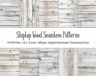 May include: Ten digital seamless patterns featuring whitewashed shiplap wood planks. The patterns are 12 inches by 12 inches and 300 pixels per inch.