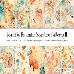 Padrões Boho Seamless 2 - Boho Paisley Floral Designs Earth Tones - 10 Imagens JPG - 300 PPI - 12x12" - Uso Comercial