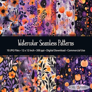 Padrões sem emendas - Padrões florais de outono em aquarela laranja, roxo e preto - 10 imagens JPG - 300 PPI - 12x12" - Uso comercial