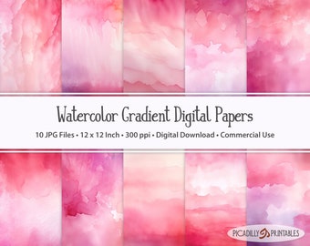 Può includere: Dieci carte digitali con sfumature ad acquerello in tonalità rosa. Le carte misurano 30,48 cm per 30,48 cm e 300 pixel per pollice. Il testo "Watercolor Gradient Digital Papers" è nella parte superiore dell'immagine.