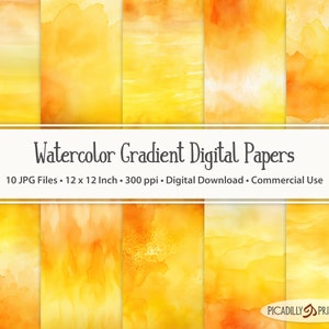 Yellow Gradient Watercolor Digital Papers - Backgrounds for Scrapbooking, Card Making - 10 JPG Files - 300 PPI - 12x12" - Commercial Use