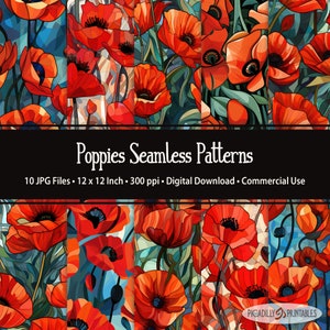 Motifs sans couture de coquelicots cubistes pour papiers peints, textiles, papier d'emballage - 10 images JPG - 300 PPI - 12 x 12" - usage commercial