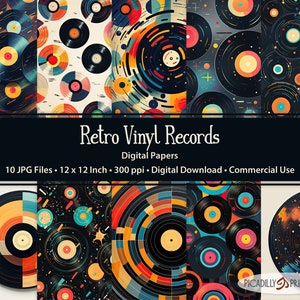 Retro Vinyl Schallplatten Digitale Papiere - Hintergründe für Scrapbooking, Kartenherstellung - 10 JPG Dateien - 300 PPI - 12x30 cm - Kommerzielle Nutzung