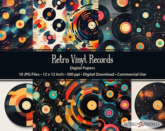 Retro Vinyl Records Digital Papers - Backgrounds for Scrapbooking, Card Making - 10 JPG Files - 300 PPI - 12x12" - Commercial Use