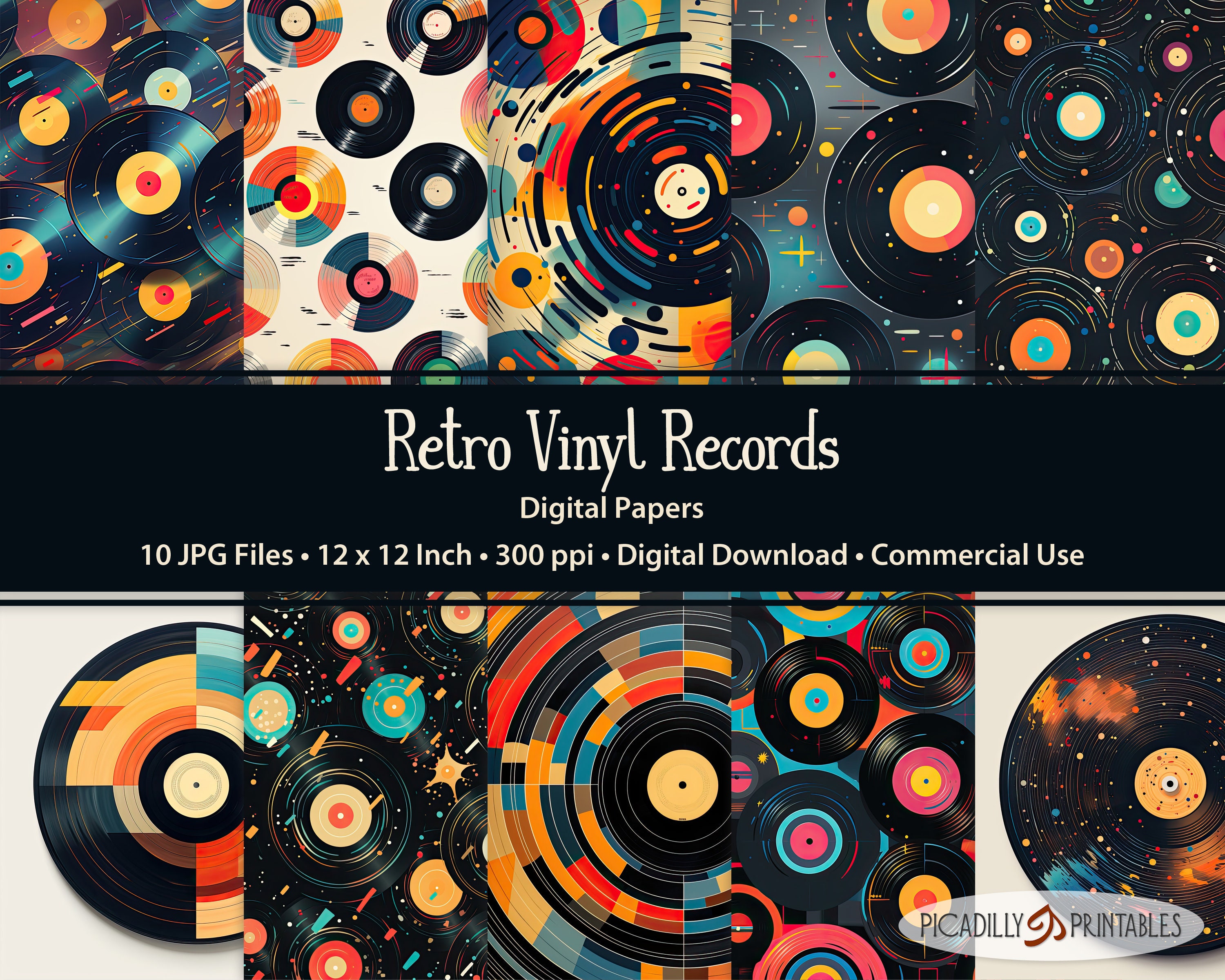 Retro Vinyl Records Digital Papers - Backgrounds for Scrapbooking, Card ...