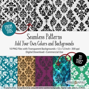 Seamless Damask Pattern Motifs - 10 Transparent PNGs for Custom Backgrounds - Digital Download