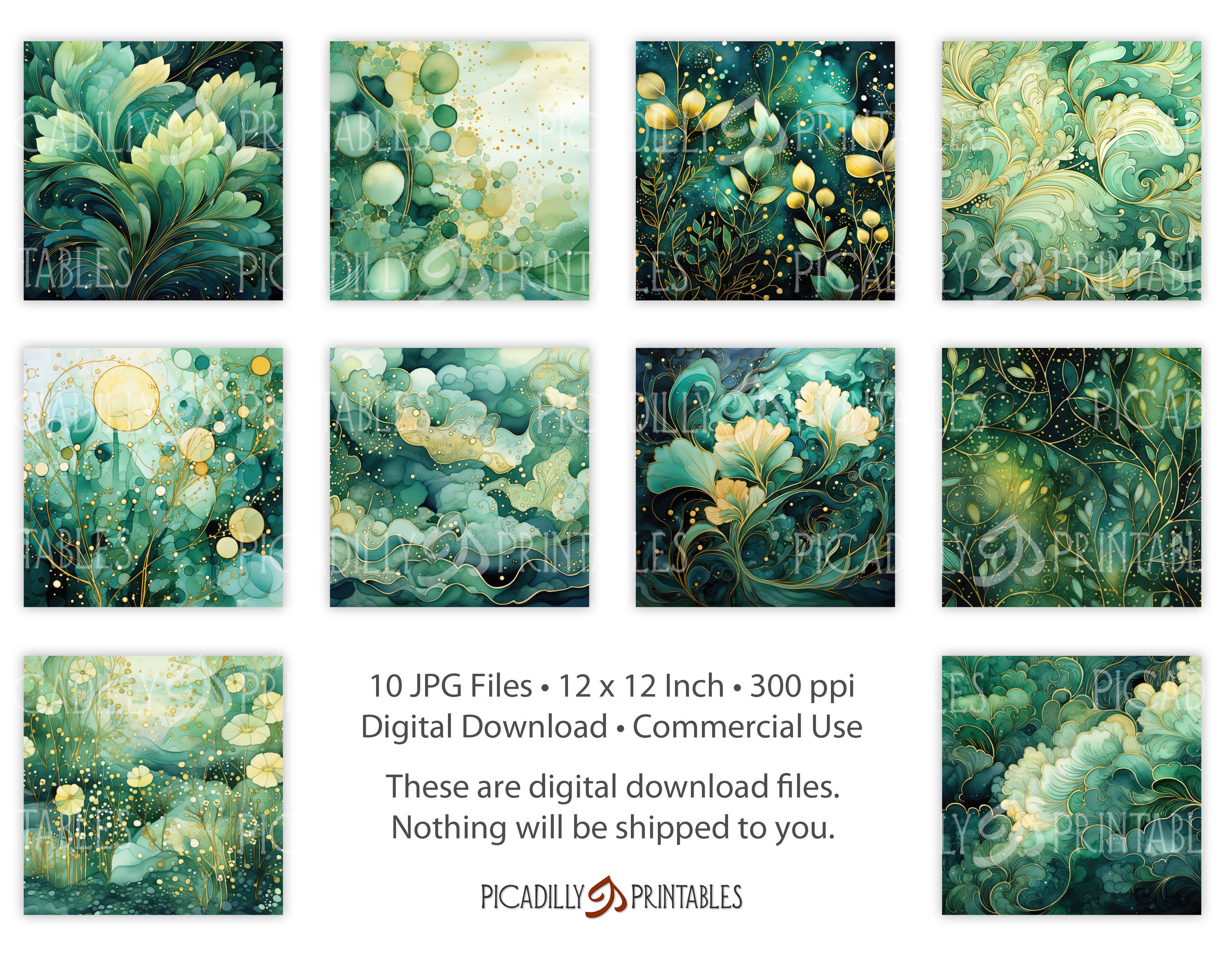Green & Gold Digital Papers - Background Images for Scrapbooking, Card ...