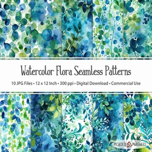Blaue und grüne Aquarell Flora nahtlose Muster für Tapeten, Textilien, Geschenkpapier - 10 JPG Bilder - 300 PPI - 12x12 &quot;- Kommerzielle Nutzung
