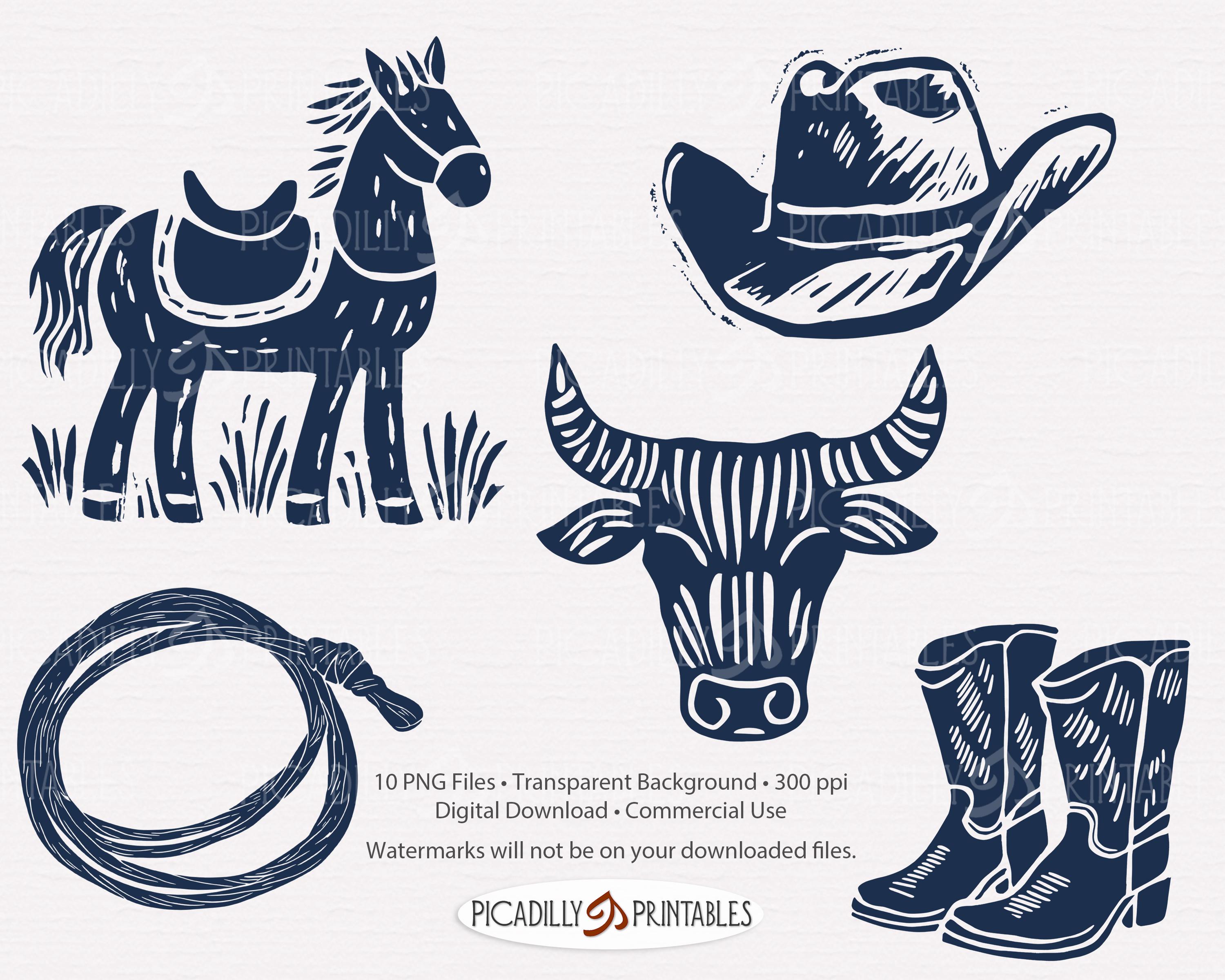 Wild West Cattle Drive Clip Art - 10 PNG Linocut Style Files With ...
