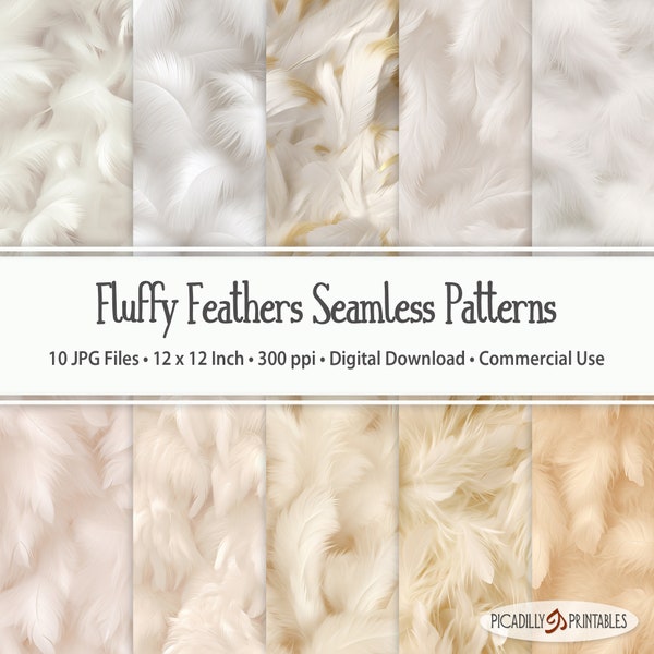 White and Cream Fluffy Feathers Seamless Patterns - 10 JPG Images - 300 PPI - 12x12" - Commercial Use