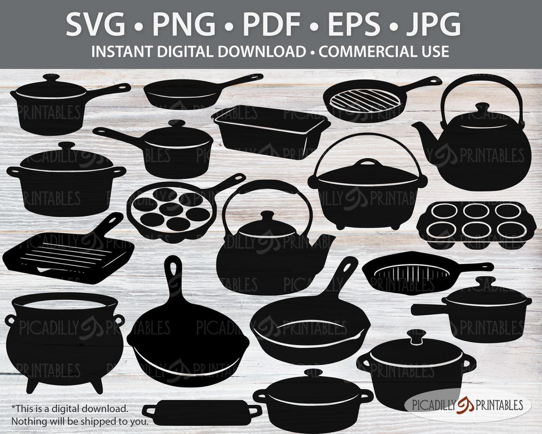 Cast Iron Cookware SVG PNG Bundle - Skillet and Pot Silhouette Files ...