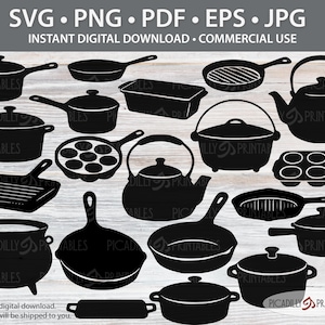May include: A collection of black kitchen cookware silhouettes, including pots, pans, a kettle, and a baking dish. The image includes text that reads "SVG • PNG • PDF • EPS • JPG" and "INSTANT DIGITAL DOWNLOAD • COMMERCIAL USE". The text "PICADILLY PRINTABLES" is also visible.