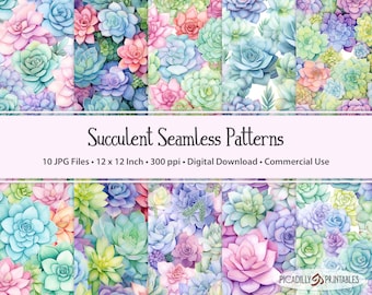 Succulents Seamless Patterns - 10 Repeating Watercolor Patterns - Digital Download