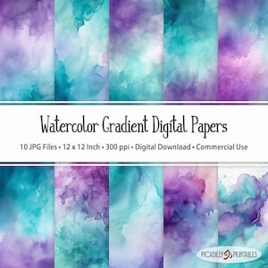 Papéis digitais estilo aquarela - Fundos gradientes roxo e azul-petróleo - 10 arquivos JPG - 300 PPI - 12x12" - Uso comercial