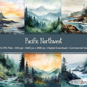 May include: A digital download of 10 watercolor paintings depicting the Pacific Northwest. The images feature a variety of scenes, including a sunset over the ocean, a misty forest, and a rocky coastline. The images are 3600 pixels by 2880 pixels and are 300 pixels per inch.