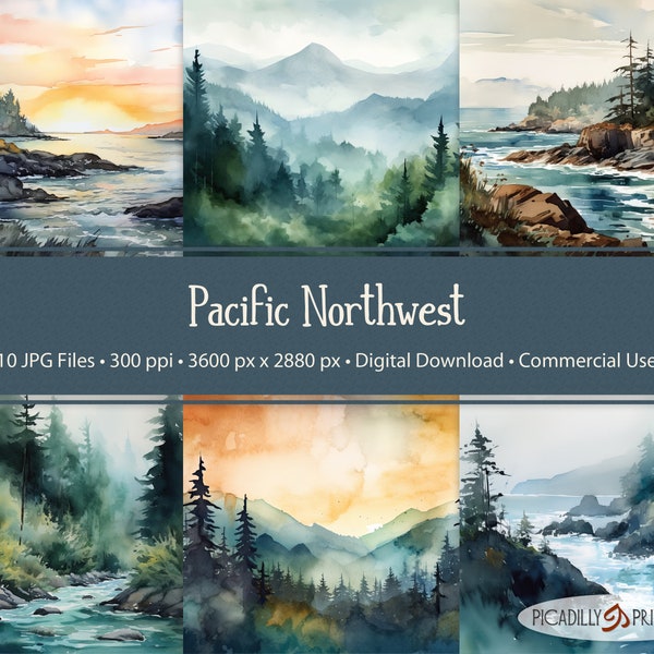 Pacific Northwest - Watercolor Background Images of the PNW Coast and Mountains - 10 JPG - 300 PPI - 5:4 Aspect Ratio - Commercial Use