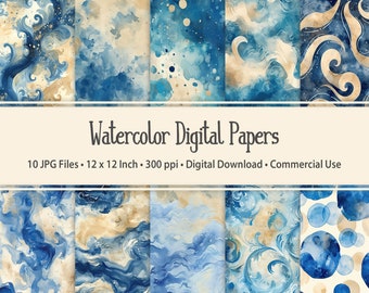 Fondos de acuarela azul y beige - 10 archivos JPG - 300 ppp - 30x30 cm - Uso comercial permitido
