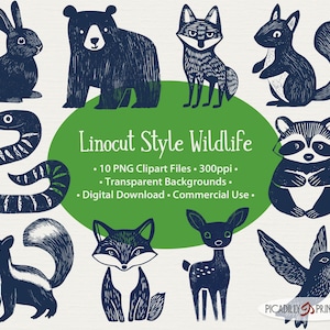 La faune Clip Art - Style linogravure - 10 fichiers PNG avec arrière-plan transparent - 300 PPI - animaux sauvages - usage Commercial