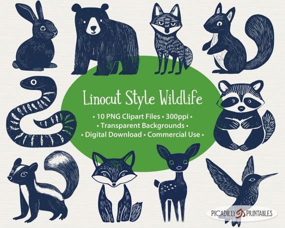 Wildlife Clip Art - Linocut  Style - 10 PNG Files With Transparent Backgrounds - 300 PPI - Wild Animals - Commercial Use