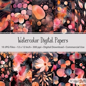 Puede incluir: Diez papeles digitales de acuarela con diseños abstractos en naranja, rosa y negro. Cada papel mide 30,48 cm x 30,48 cm. El texto de la imagen dice "Watercolor Digital Papers" y "10 JPG Files".