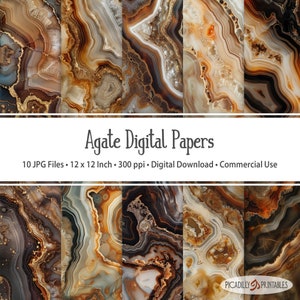 May include: Ten digital papers featuring agate patterns in shades of brown, orange, and white. Each paper is 12 inches by 12 inches and 300 pixels per inch. The papers are for digital download and commercial use.