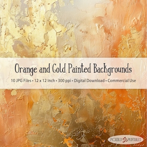 May include: A digital download of 10 orange and gold painted backgrounds. Each background is 12 inches by 12 inches and 300 pixels per inch. The backgrounds are perfect for adding a touch of elegance to your designs.