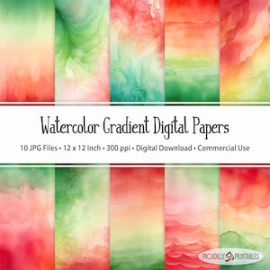 May include: Ten digital papers featuring watercolor gradients in shades of red, green, and yellow. The papers are 12 inches by 12 inches and 300 dpi.