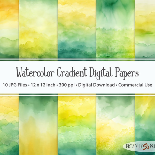 Green and Yellow Gradient Watercolor Digital Papers Backgrounds for - 10 JPG Files - 300 PPI - 12x12" - Commercial Use