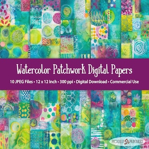Könnte beinhalten: Eine Sammlung farbenfroher digitaler Papiere mit Patchwork-Design. Die Papiere zeigen verschiedene abstrakte Muster in Türkis, Grün, Gelb und Rosa. Der Text "Watercolor Patchwork Digital Papers" wird auf einem lila Banner angezeigt. Die Papiere sind 30.48 cm x 30.48 cm groß.