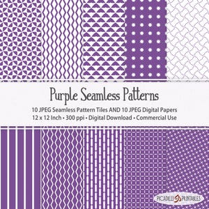 Puede incluir: Una colección de patrones sin costuras en morado y blanco. La imagen muestra varios diseños geométricos, incluyendo zigzags, puntos y estrellas. El texto dice "Purple Seamless Patterns" e indica papeles digitales de 30,48 cm x 30,48 cm.