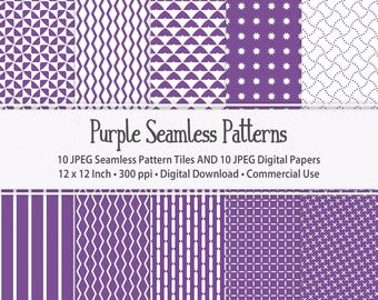 10 mosaicos con patrones sin costuras en morado y blanco y 10 papeles digitales: fondos con patrones coordinados para uso comercial.