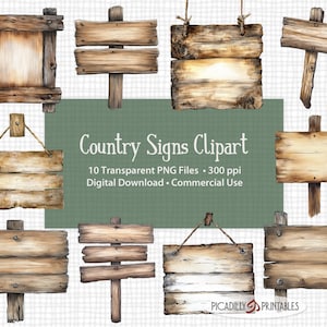 Placas de madeira Country Clip Art - 10 arquivos PNG - Fundos transparentes - 300 PPI - Placa de fazenda de madeira aquarela Clipart - Uso comercial