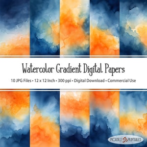 May include: Ten digital papers featuring watercolour gradients in shades of blue and orange. Each paper is 12 inches by 12 inches and 300 pixels per inch.