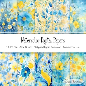 Blaue und gelbe Aquarell Blumenhintergründe - 10 JPG Blumenbilddateien - 300 PPI - 12x12 "- Kommerzielle Nutzung erlaubt