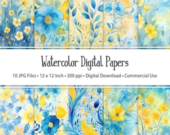 Blue and Yellow Watercolor Floral Backgrounds - 10 JPG Flower Image Files - 300 PPI - 12x12" - Commercial Use Allowed