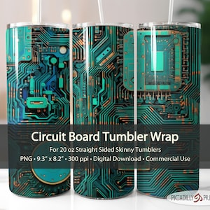 以下が含まれることがあります： 20オンスのスキニータンブラー用の回路基板デザインのデジタルダウンロード。デザインは緑とオレンジのカラーパレットを採用しており、タンブラーにテクノロジーに触発された外観を追加するのに最適です。